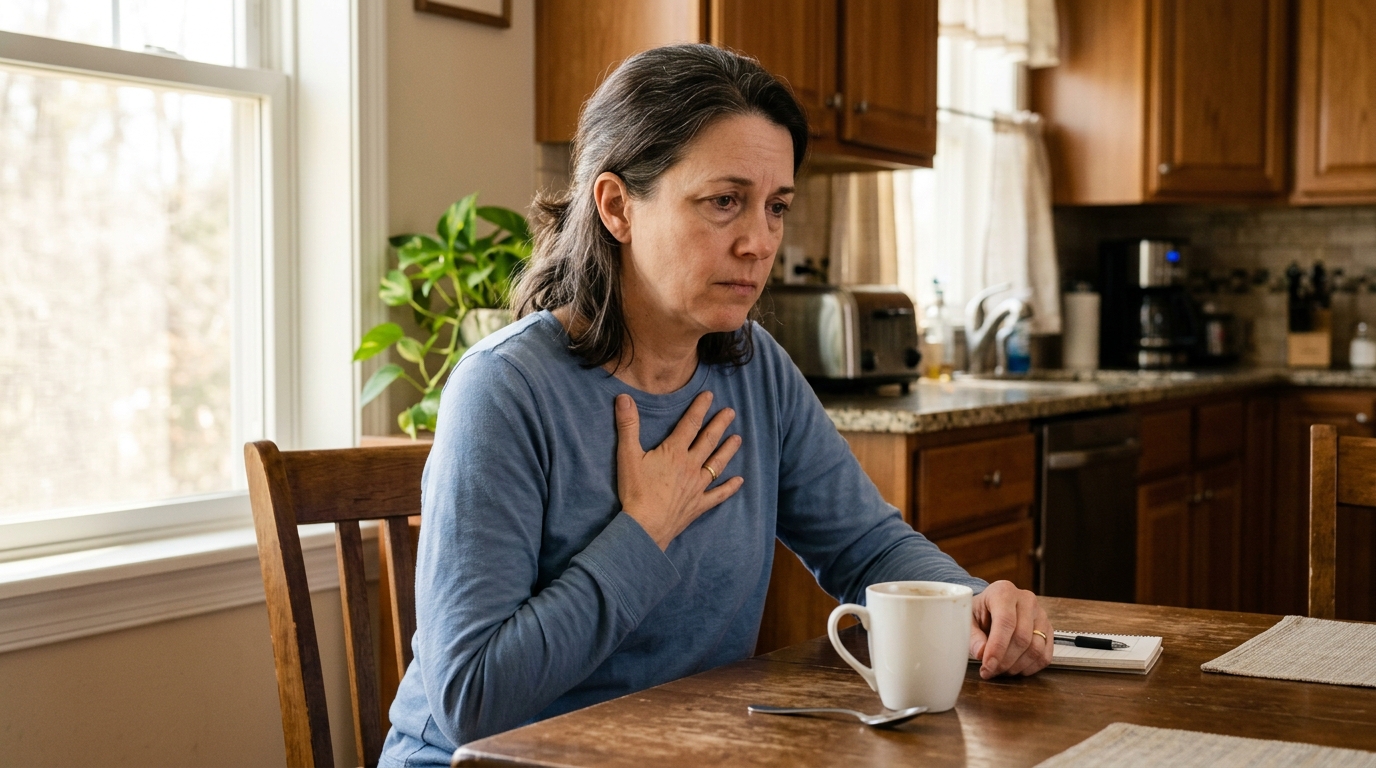 Woman sitting at kitchen table with hand on chest, experiencing a racing heartbeat with no apparent cause