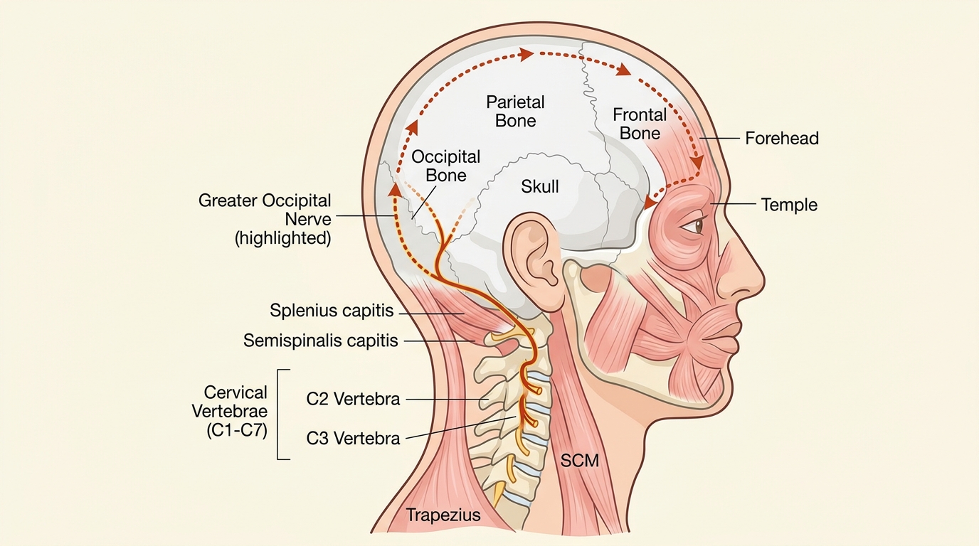Diagram showing C2-C3 nerve roots and the Greater Occipital Nerve pathway to the forehead and temples