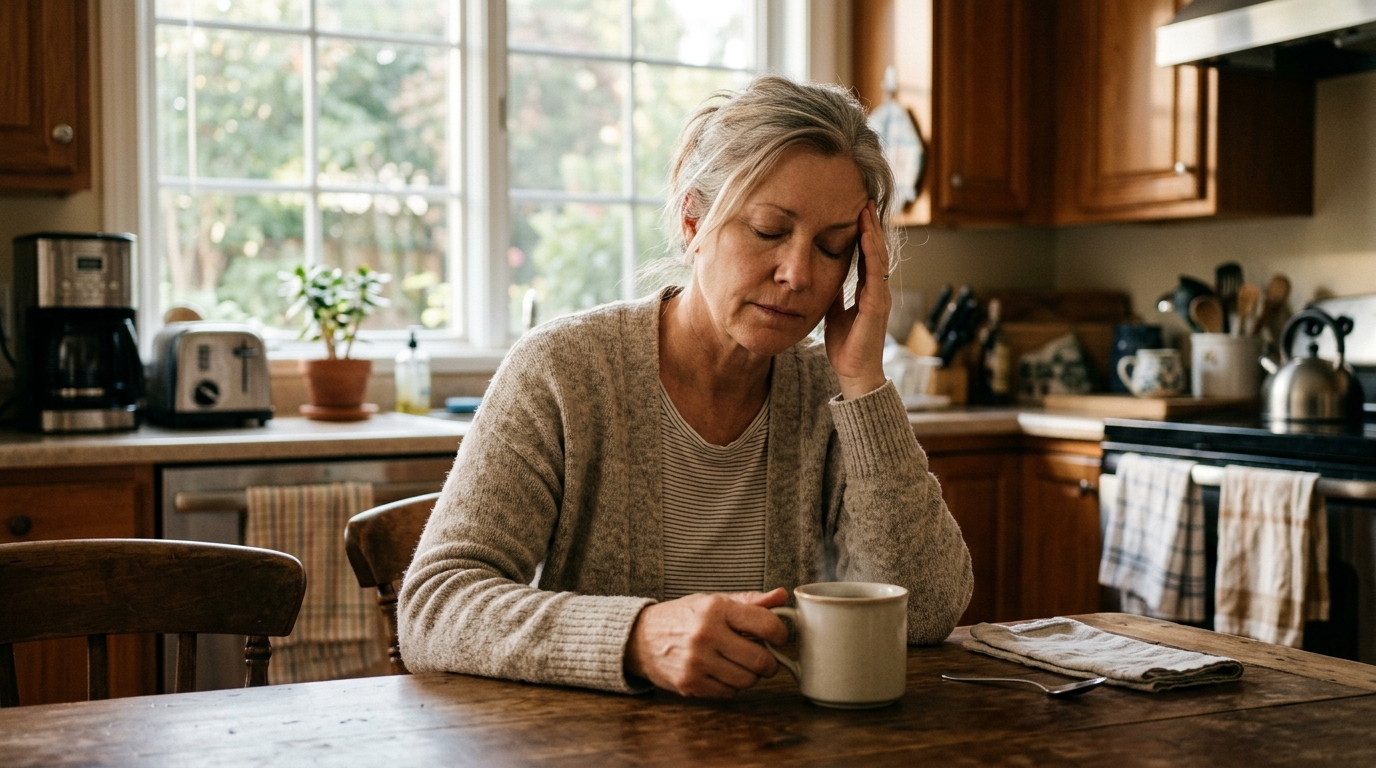 Woman sitting at kitchen table in the morning, pressing hand to temple, quiet expression of familiar pain