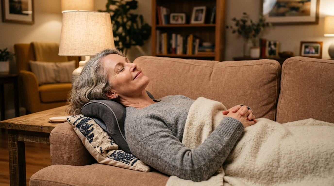 Woman lying down, relaxed, using Neckline cervical traction device at home
