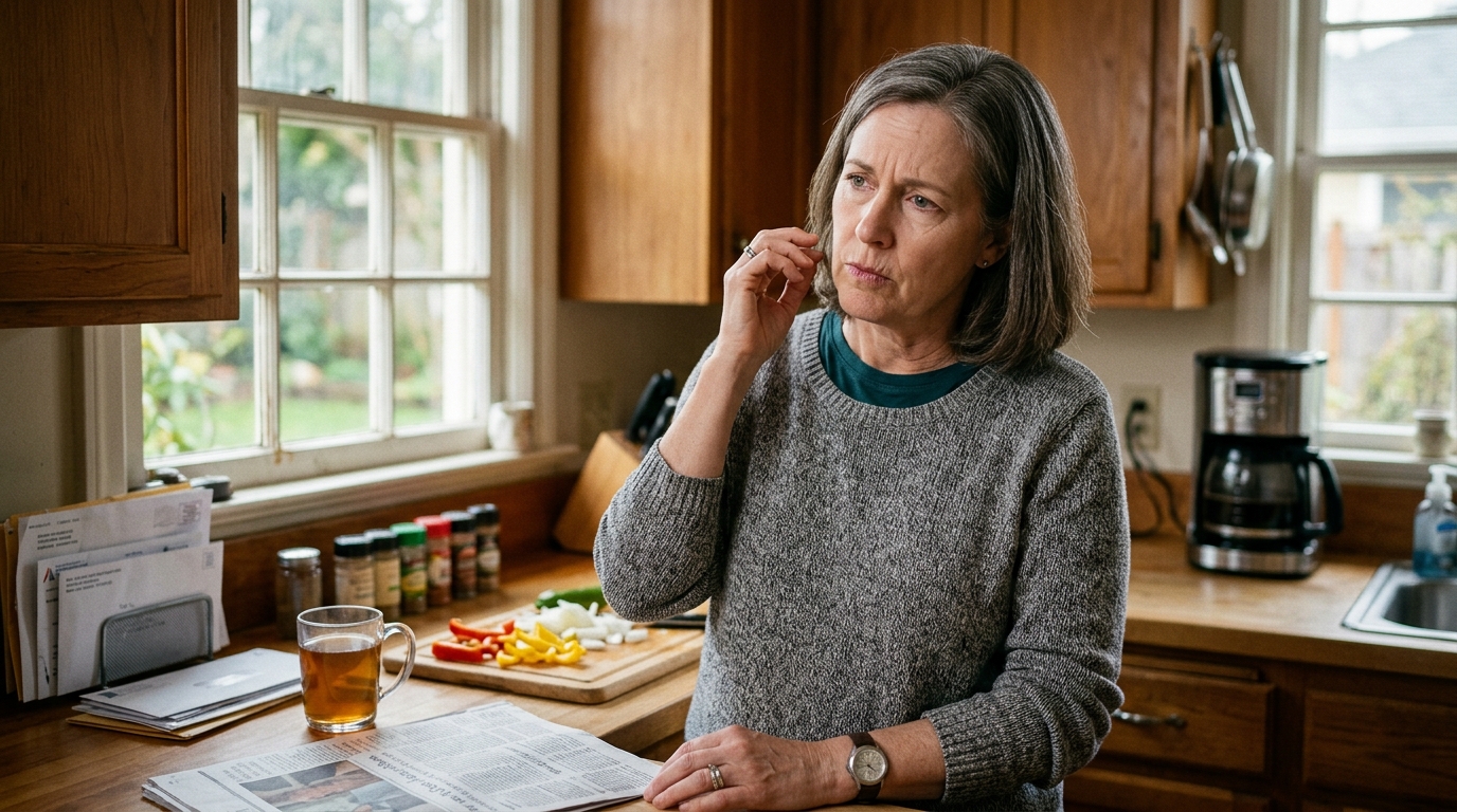 Woman in her late 50s sitting at home, looking slightly uncertain, hand near her ear