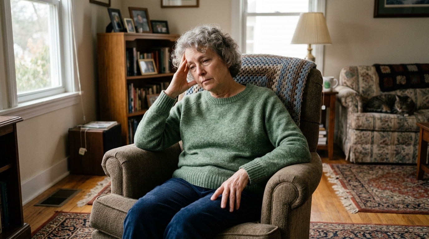 Woman in her early 60s sitting in an armchair at home, hand near her ear, calm but tired expression