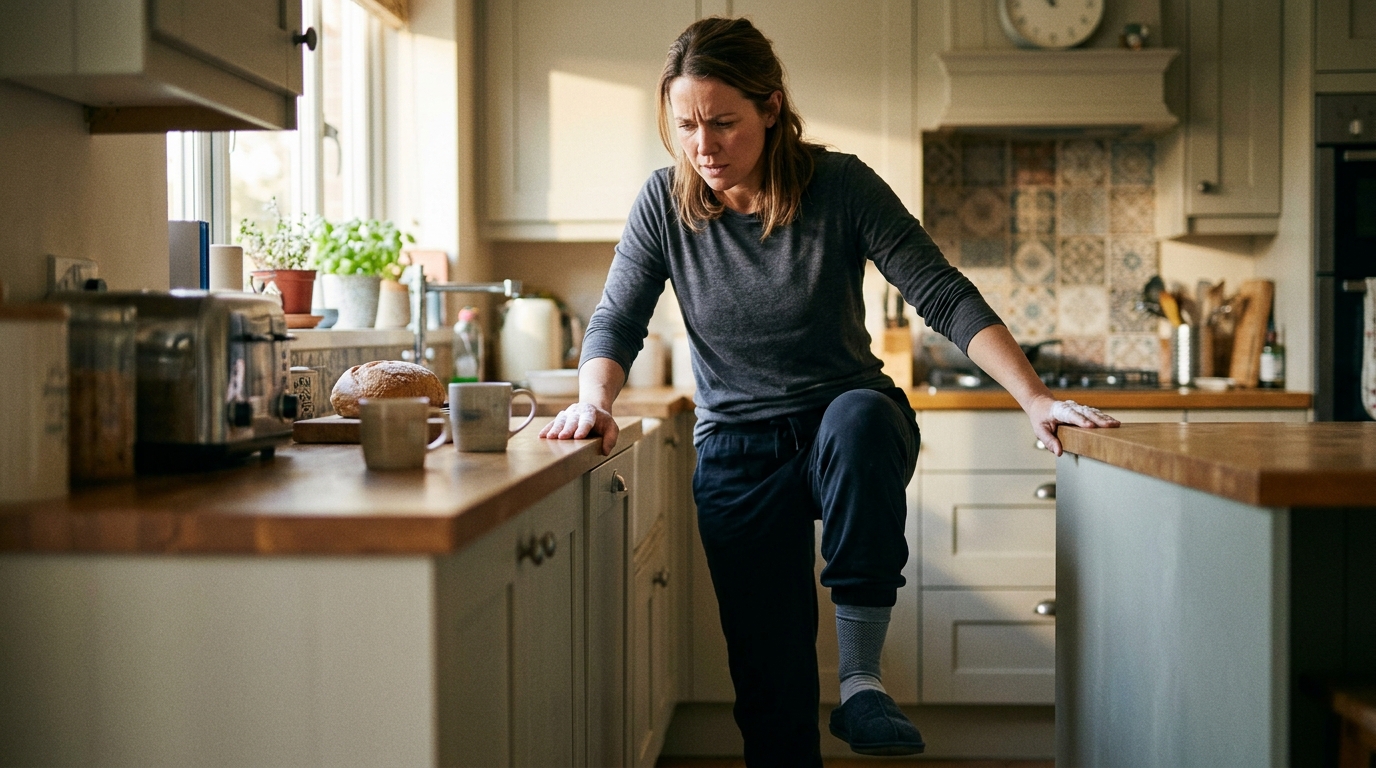 Young athletic woman gripping kitchen counter, compression socks visible, struggling to stand
