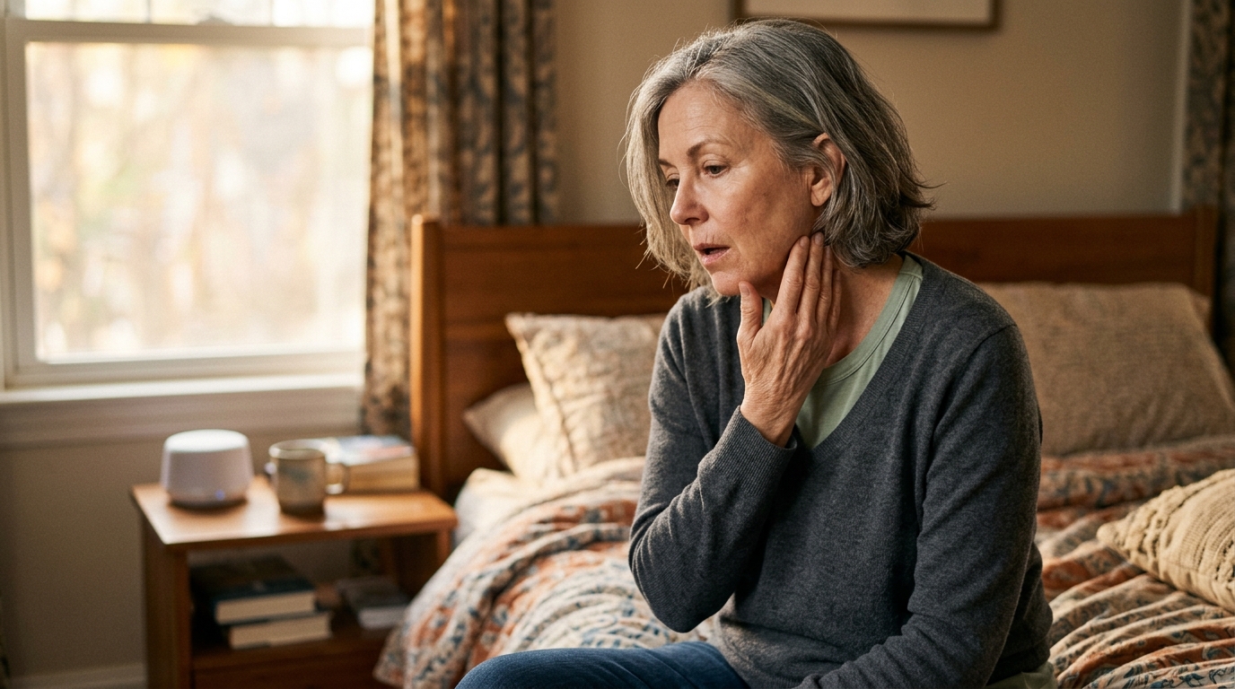 Woman pressing fingers to neck muscle near ear, expression of quiet discovery