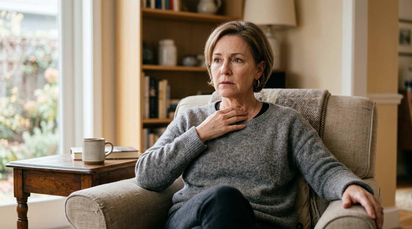 Woman in living room with hand at throat, looking thoughtful