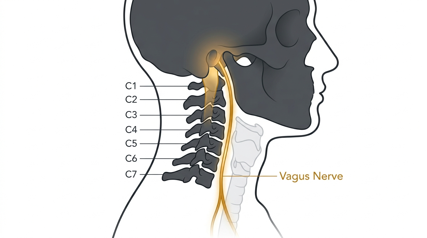 Illustration showing vagus nerve pathway alongside C1 and C2 cervical vertebrae